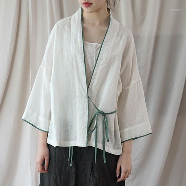 

scuwlinen 2020 women spring summer vintage chinese style v-neck lacing panelled zen ramie blouse women loose kimono p0981, White