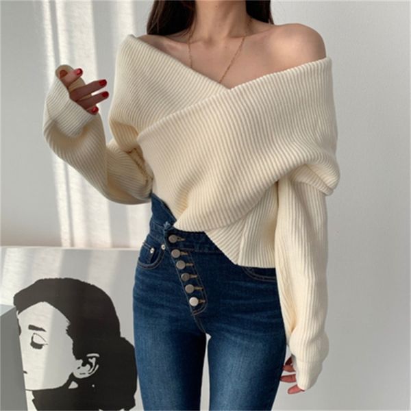 

2021 new female knitted sweater oversized solid slash cross neck without straps knit long sleeves autumn eagy, White;black