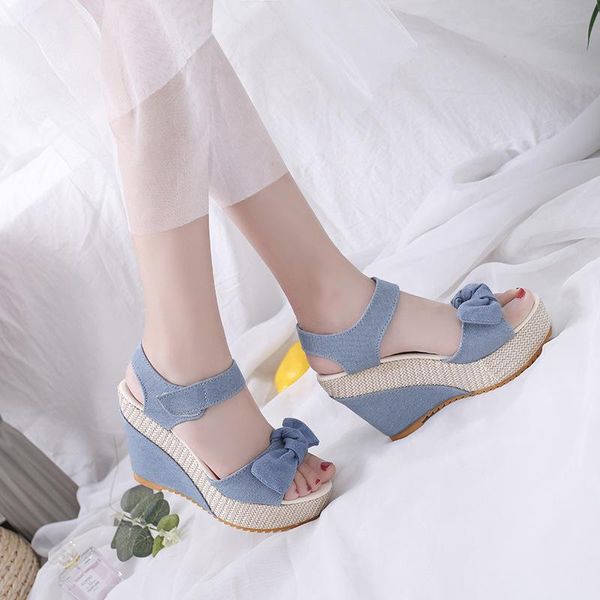 

new designer denim sandals women sandals wedges high heels peep-toe platform shoes woman thick bottom 6ke, Black