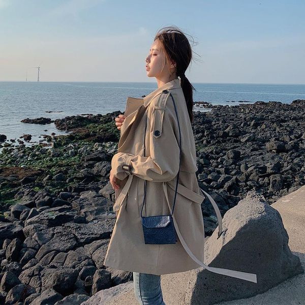 

fashion brand new women trench coat long double-breasted belt blue khaki lady clothes autumn winter outerwear oversize 2020, Tan;black