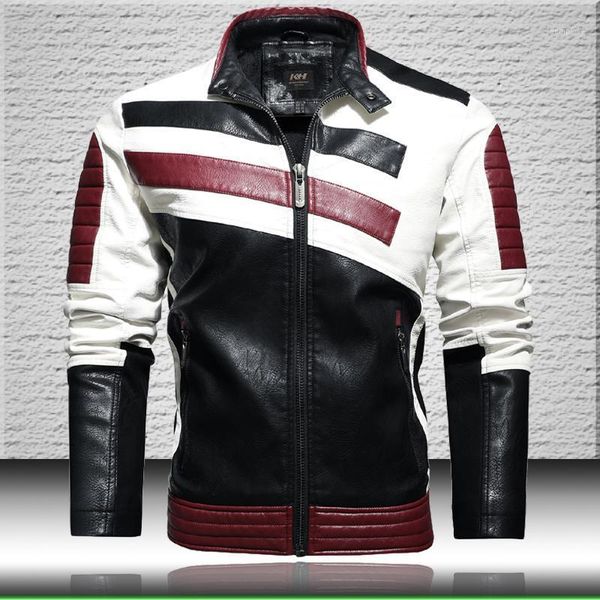 

striped biker leather jacket men 2020 fashion patchwork moto jackets coats mens stand collar faux leather jacket fashion style1, Black