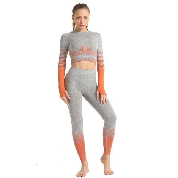 

yoga outfits knitted seamless 2pcs long set sleeve crop high waist elastic leggings workout clothes for women fitness gym suit, White;red