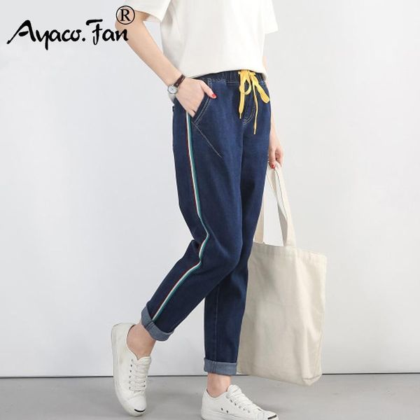 

plus size 5xl 2019 autumn new blue harem pants vintage elastic high waist jeans womens full length pants loose cowboy1