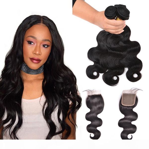 

brazilian 8a body wave weave bundles with 4x4 lace closure 100% unprocessed malaysian natural color wet and wavy virgin human hair extension, Black;brown