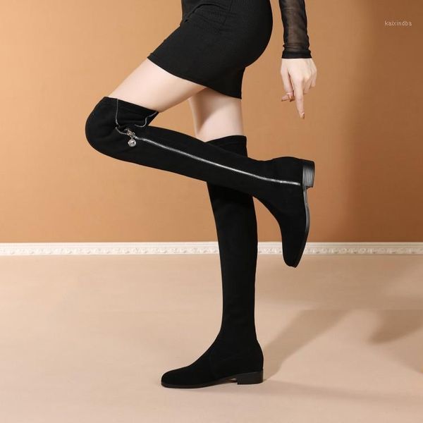 

boots chic stylish women winter warm long black suede over knee sock bottes side zipper flats motorcycle botines lady creepers1