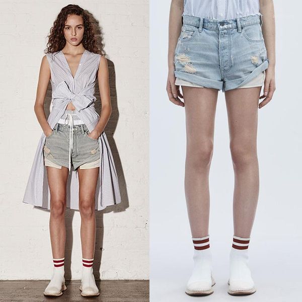 

women fashion retro cuffs hole denim shorts pants a21, Blue