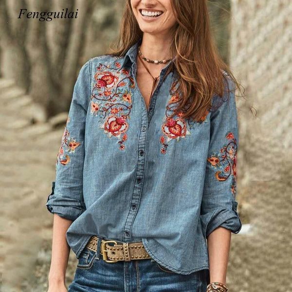 

women vintage embroidered blouse autumn long sleeve denim blue shirts female button blusas party tunic, White