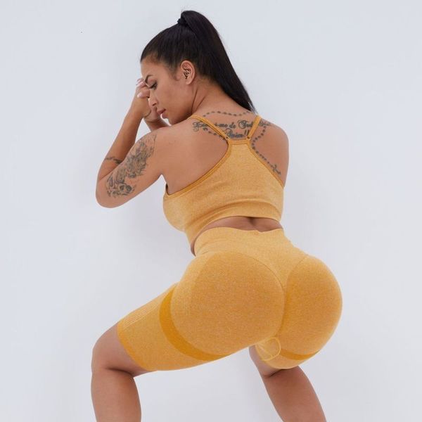 

seamless elastic fast high dry running sports bra capris fitness shorts set yoga dress women, Gray