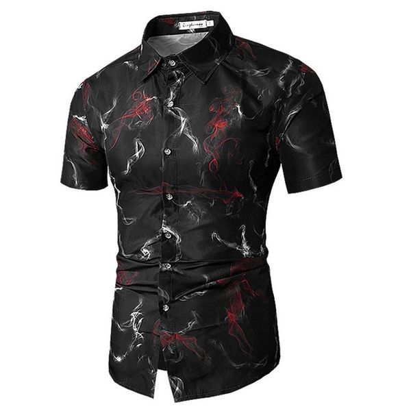 

2019 men's print turn-down collar slim fit short sleeve shirt blouse hawaiian camisa masculina camisas hombre chemise homme, White;black