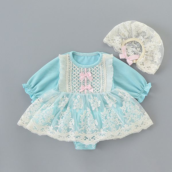 

2021 new bodysuits little girls one piece long sleeve lace christening baptism tutu skirts+hat 2pcs/set baby outfit hshe, Blue