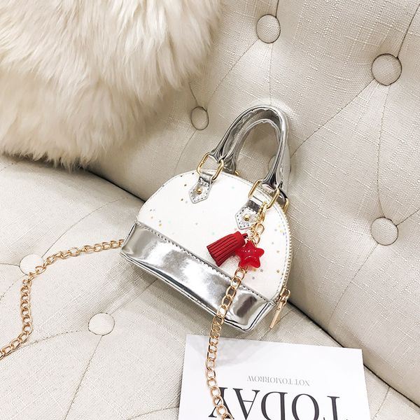 

cute kid purse little teenager girl gift korean plain color glitter designer mini handbag children pu leather shell one shoulders bag, White