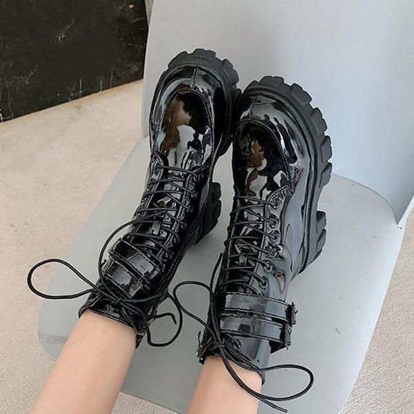 

novo combate couro patente mulheres rendas at gtico preto plataforma martin de tornozelo sapatos femininos botas mujer es4j, Black