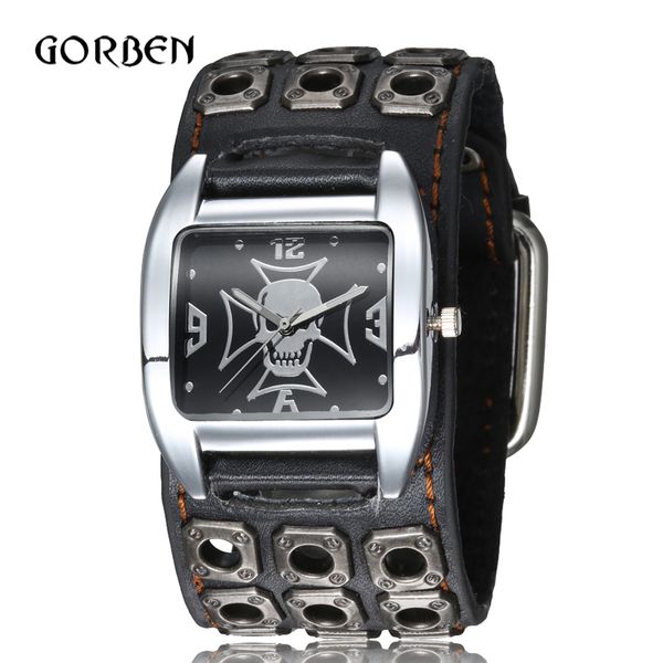 

punk gothic style rock mens wrist watch leather strap skull quartz sports mens bracelet watches gifts relogio masculino 201120, Slivery;brown