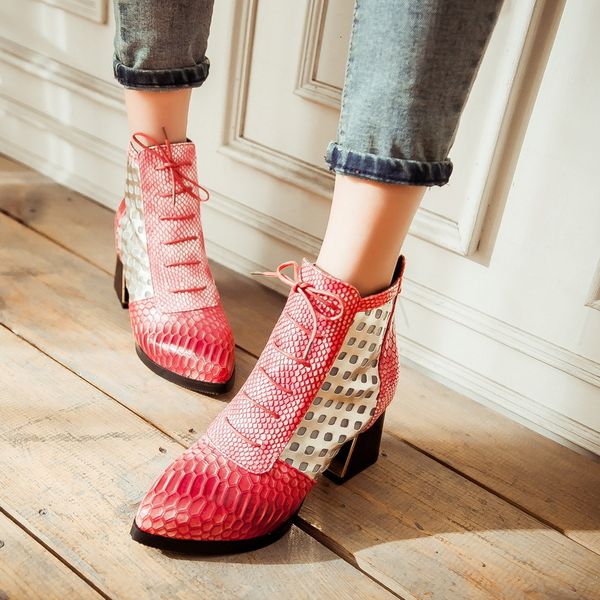 

women's boots with zipper square heel snake print ankle boots; fashionable piquant women's shoes with pointed toe collection shoes, Black
