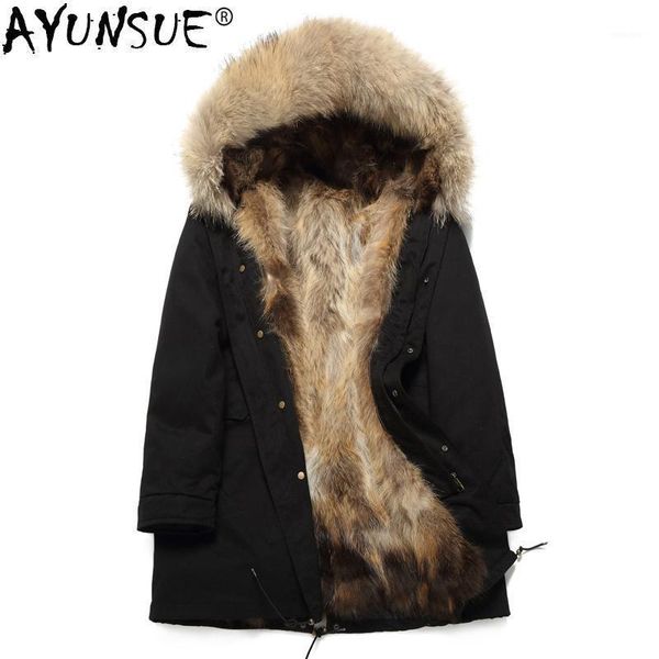 

ayunsue winter jackets mens real fur coat men plus size racoon fur liner warm jacket parkas 2021 manteau homme hiver kj11901, Black