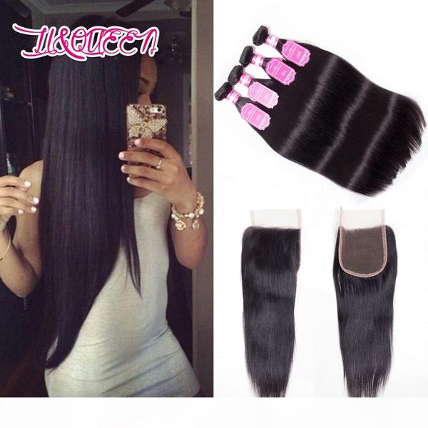 

индийские пачки для волос девственницы с закрытием прямых волос weaves 4x4 кружевной замыкание с 4 шт. пучки человеческих волос необработанн, Black;brown