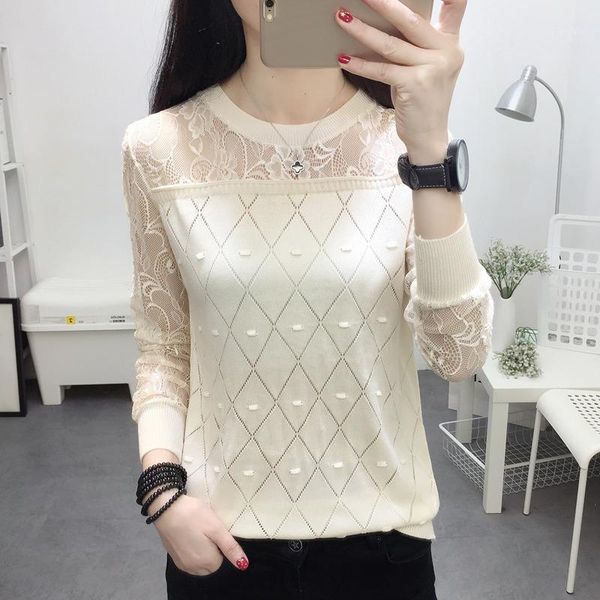 

2019 summer new collar lace render unlined upper garment to hollow out long sleeve short relaxed joker autumn thin sweater frock1, White;black