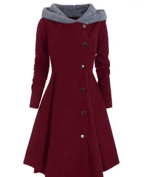 

winter women asymmetric plus size overcoat contrast hooded skirted coat single breasted color block long outwear1, Black