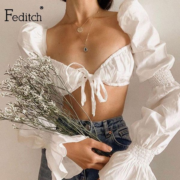 

feditch vintage short solid white blouse petal sleeves shirts new fashion 2020 autumn crop drawstring beach top