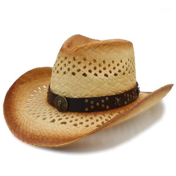 

2020 Handmade Weave Men Sun Sun Hat With Punk Leather Band Size 58CM A01321, Blue;gray