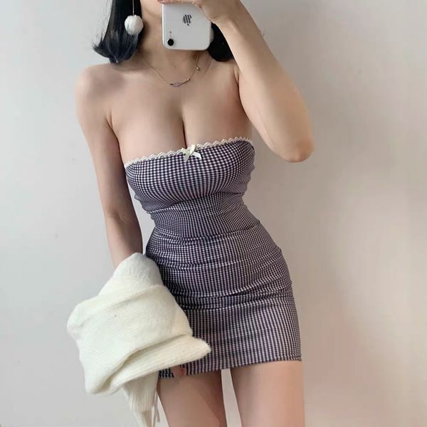 

2020 summer off shoulder sleeveless dress retro color block check mini dress women's one line bow bodycon vestido y200418, Black;pink