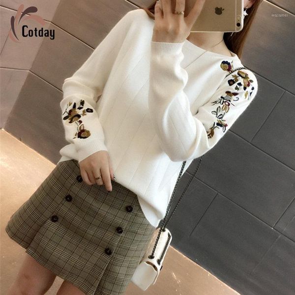 

cotday winter o neck leisure female thick flowers embroidered 2020 new autumn patch women knitted pullovers sweater1, White;black