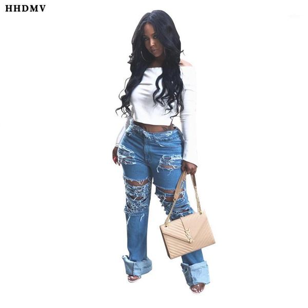 

hhdmv hsf2086 fashion street hip hop style denim long pants high waist buttons pockets broken hole personality denim pants1, Blue