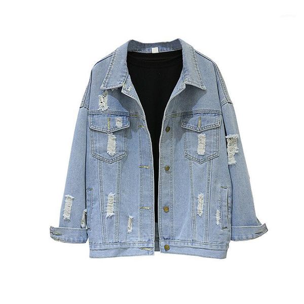 

vintage 2019 women basic coat spring jacket loose button pockets denim jackets hole casual style jeans coats femme1, Black;brown