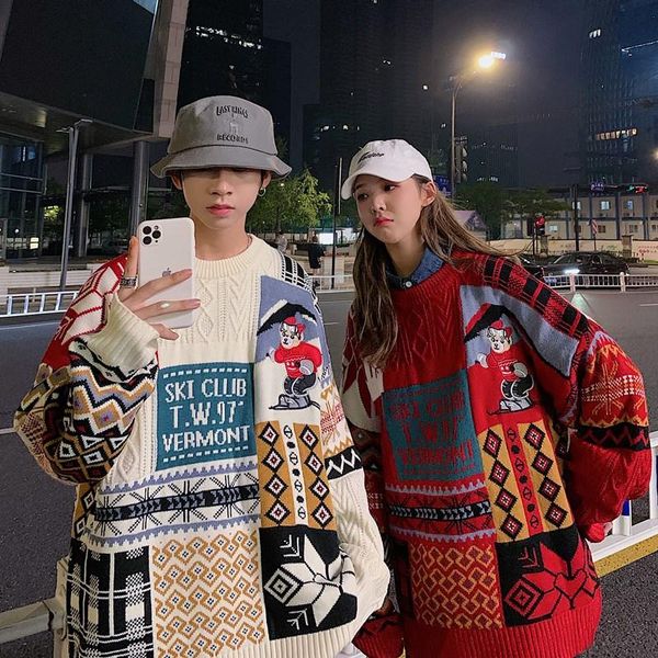 

men's sweaters women sweater autumn winter vintage keep warm fashion o-neck full thick pullovers couple, White;black
