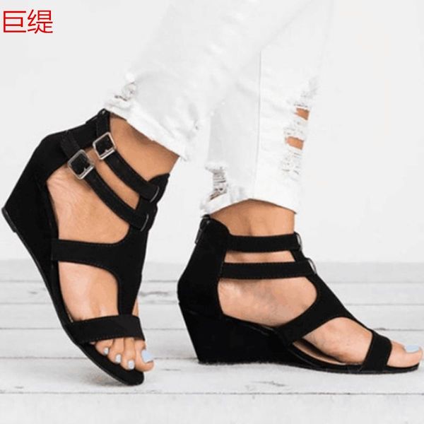 

sandals spring and summer large wedge heel zipper, Black