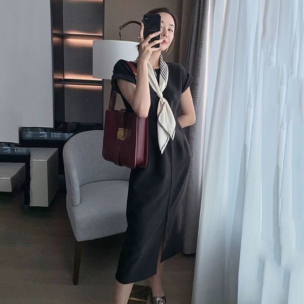 

new women's office maxi casual midi a-line female summer solid black short sleeve elegant party dress clothes 3sxd, Black;gray