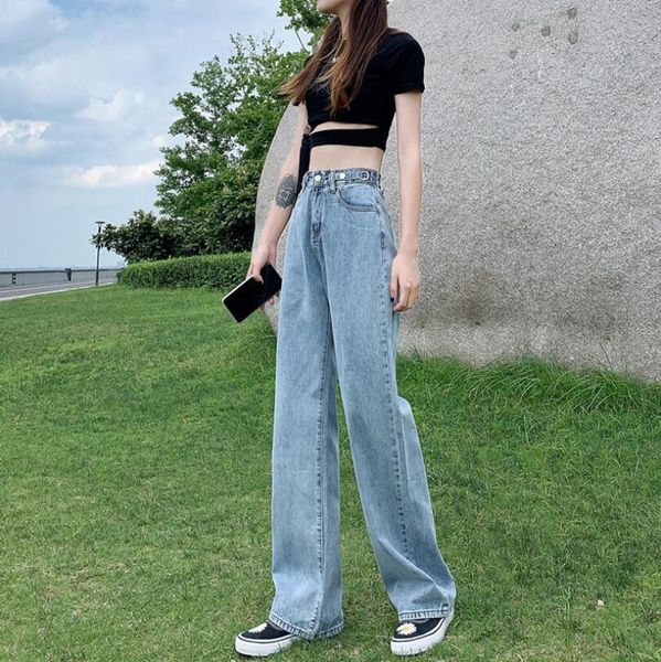 

2021-autumn new high-waisted for women in casual straight line loose female p1681 jeans 1o9q, Black;white