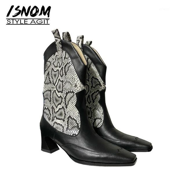 

isnom new women's genuine leather snakeskin mid calf boots strange heel square toe western boots woman autumn winter 20201, Black