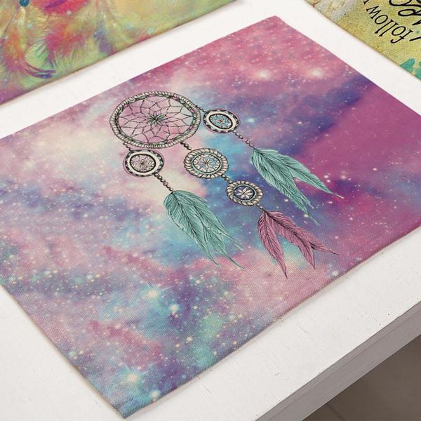 

1pcs colorful feather pattern kitchen placemat coaster cotton linen pads dining table mats western mat 4232cm home decor mc0082 h wmtkxy