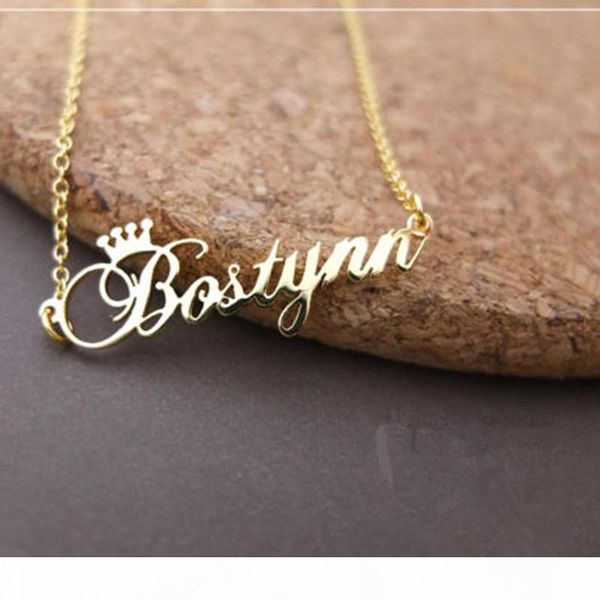 

gold color personalized name crown necklace handmade customized nameplate pendant stainless steel chain jewelry birthday gifts, Silver