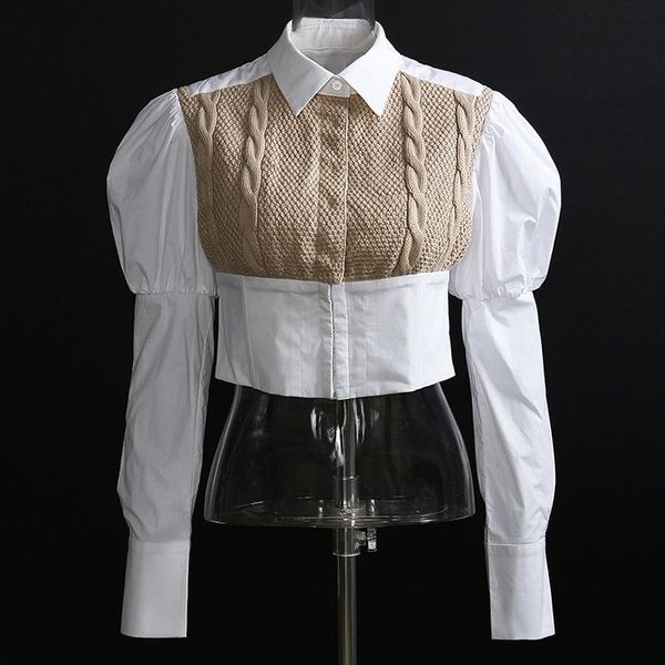 

women cotton crop blouse spring autumn knitted spliced corset shirt, White