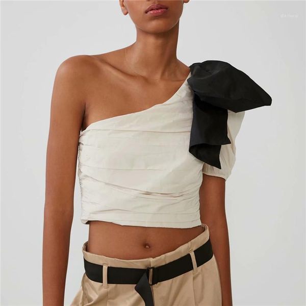 

bow tie crop women skew collar one shoulder pleated stretchy short blouse party club chic 1, White