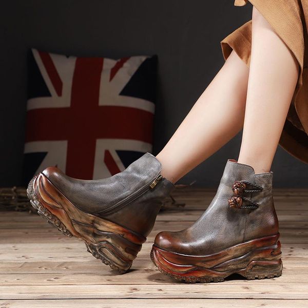 

women wedge boots handmade ankle cow leather lady booties multicolor high platform flower winter female shoes, Black