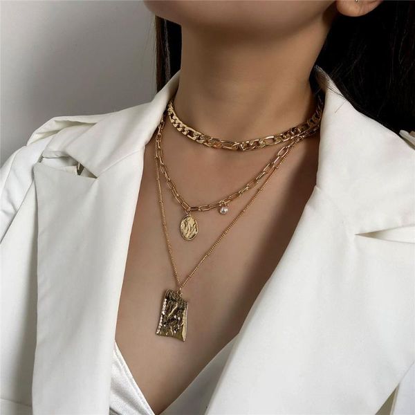 

chokers vintage punk irregular metal sheet portrait coin pendant necklace women retro cuban chunky multi layered lucury jewelry, Golden;silver