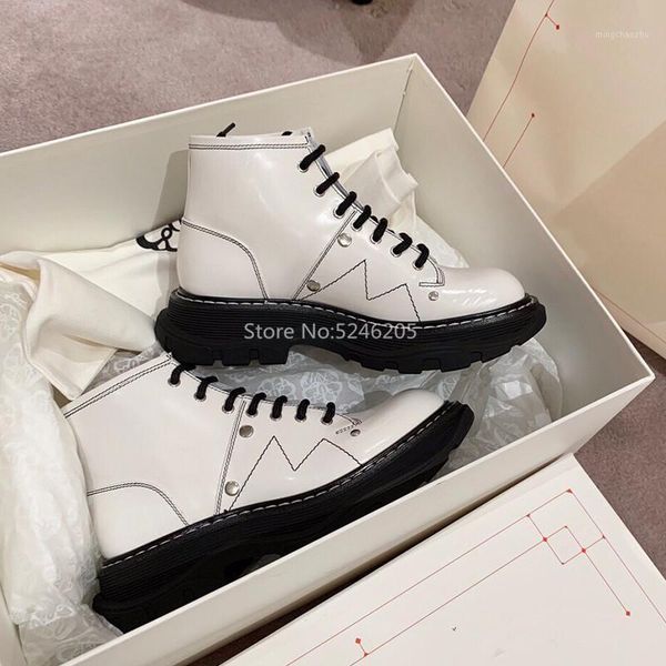 

boots tread ankle round toe lace up women shoes oversized rubber sole fall winter fashion leather black white1