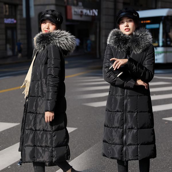 

2021 new women fur collar winter hooded warm coat slim cotton padded basic jacket female casual long outwear feminina jiu9, Black