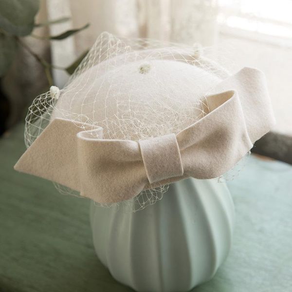 

white green pure wool berets women classic face veil mesh fedora headwear ladies wedding royal banquet cocktail bow hat, Blue;gray
