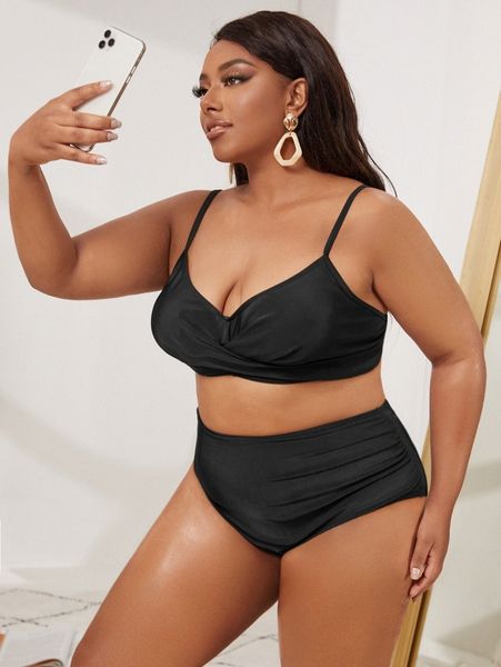 

plus solid twist ruched bikini swimsuit v3qa#, Black