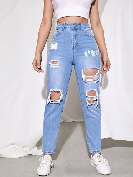 

high waist ripped jeans t7sl#, Blue