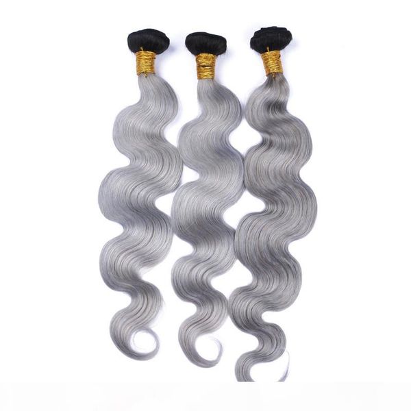 

black and grey ombre brazilian human hair weave bundles dark root 3pcs #1b silver grey ombre virgin hair wefts body wave hair extension, Black;brown