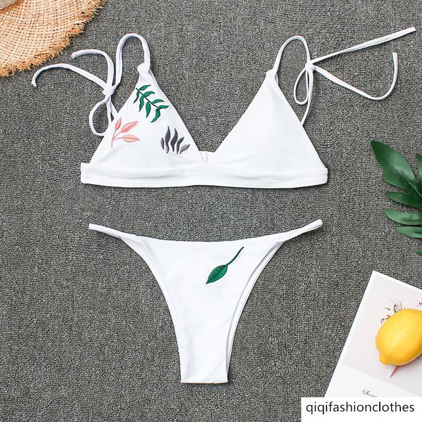 

2019 single fashion embroidery triangle tie bikini, White;black