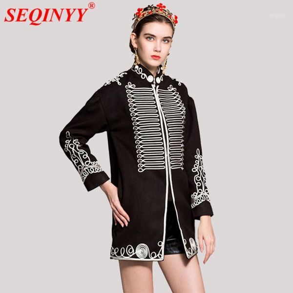 

heavy work wool women coats 2020 early spring new mandarin collar patch designs beading embroidery discifloral long thick coats1, Black