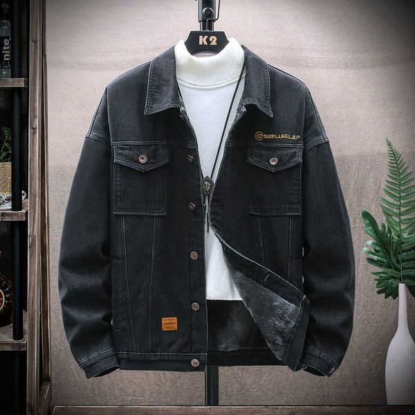 

2020 fashion youth warm plush men's casual thickened denim jacket, Black;brown