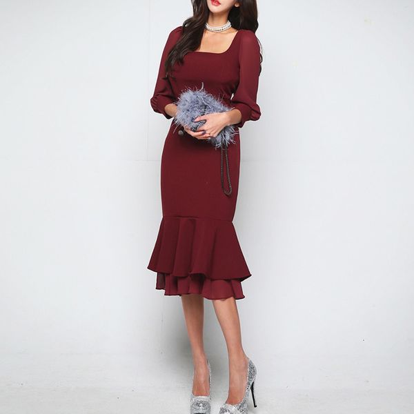 

2021 new winter dinner celebrity commuting ruffle u-neck dressed in fishtail couture dress bay7, Black;gray