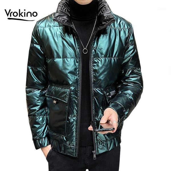 

vrokino men's winter stand-up collar down jacket black shiny thick warm white duck down jacket men's parka1